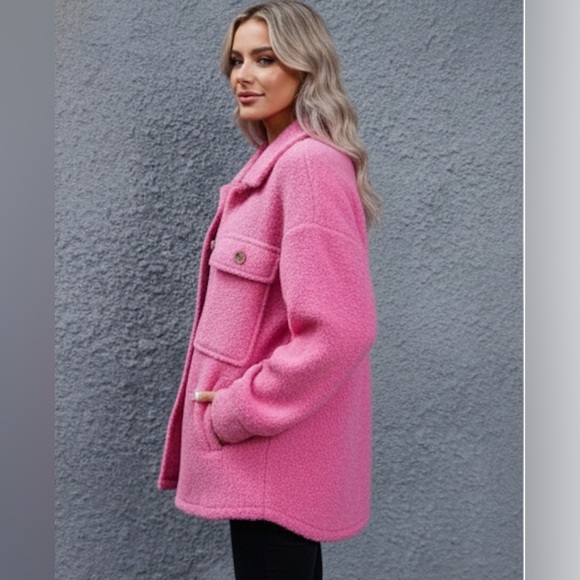 Flap Pocket Drop Shoulder Teddy Coat Jacket Pink - Picture 5 of 10